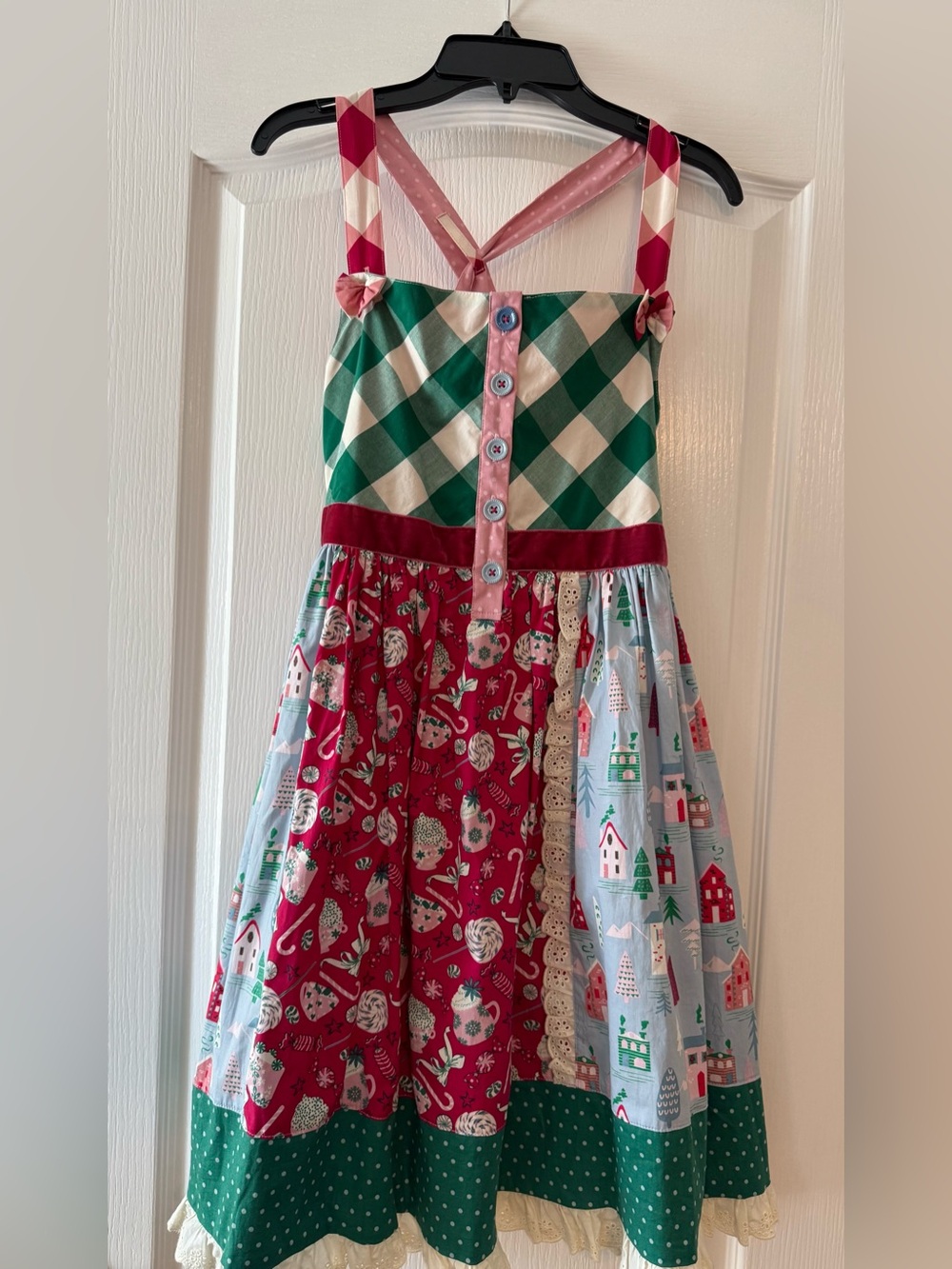 Matilda Jane Girls Red & Green Holiday Patchwork Dress sz14 euc